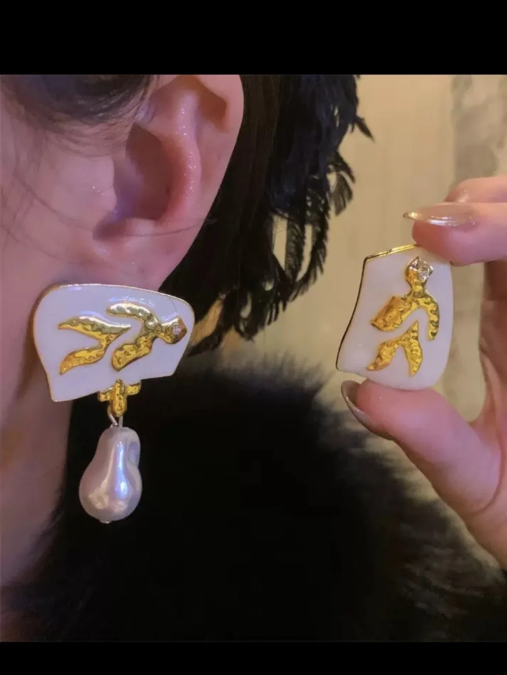 White and Gold Abstract Pearl Drop Earrings - Women Jewelry
